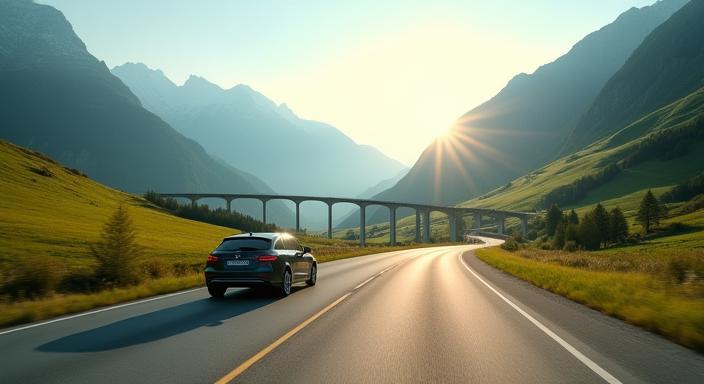 Family driving on Swiss motorway past scenic mountains